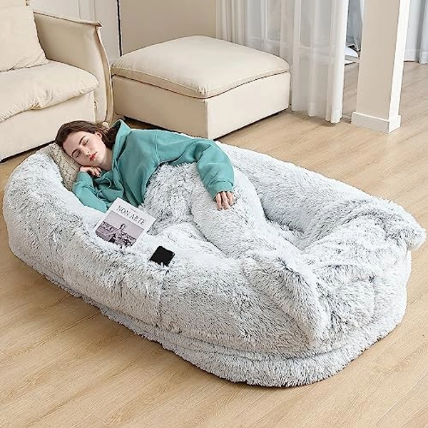 YAEM Human Dog Bed, 71"x45"x12" Dog Beds for Humans Size Fits You and Pets, Washable Faux Fur Human Dog Bed for People Doze Off, Napping Orthopedic Dog Bed, Present Plump Pillow, Blanket, Str