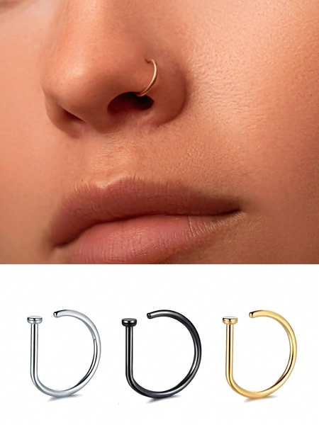 4Pcs/3Pcs/1Pc/1Set Women Fake Piercing Nose Ring Hoop Septum Non Piercing Nose Clip Rock HipHoop Stainless Steel Fashion Punk Body Jewelry