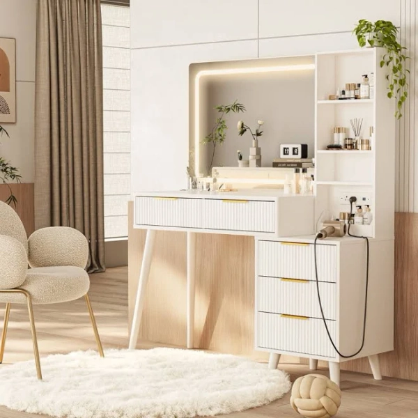 George Oliver 44" Vanity Desk with Mirror, Lights, Makeup Table, Fluted Storage Drawer, Cabinet