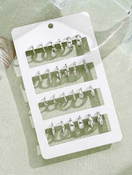 24pcs Fashionable Minimalist Rhinestone Small Hoop & Stud Earrings Set, For Women, Suitable For Date, Vacation, Daily, Couple, Holiday Gift