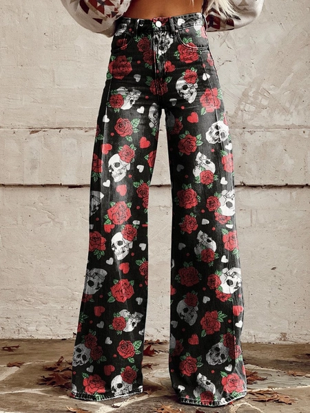 Skull Rose Print Women's Print Casual Wide Leg Pants