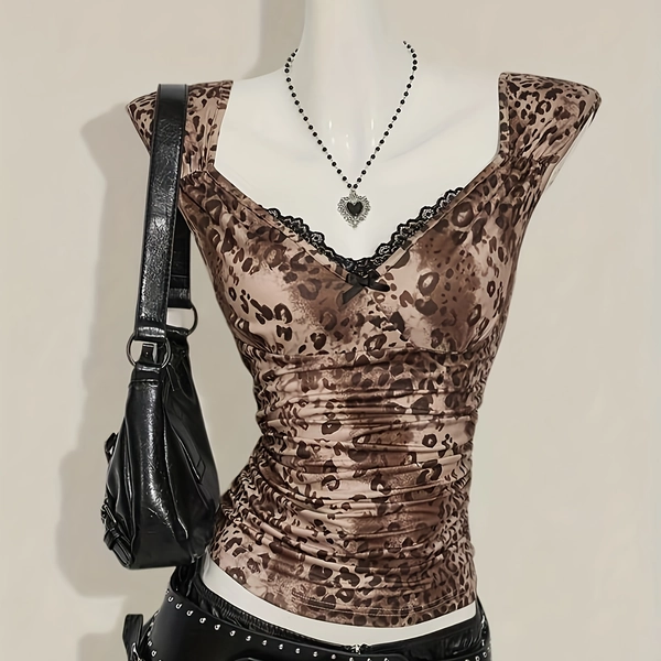 Y2K Retro Leopard Print V-Neck Crop Top - Slim Fit Ruched Design, Stretchy & Machine Washable, Brown & Black Animal Print for Women, Spring/Fall Fashion, Crop Top Blouse