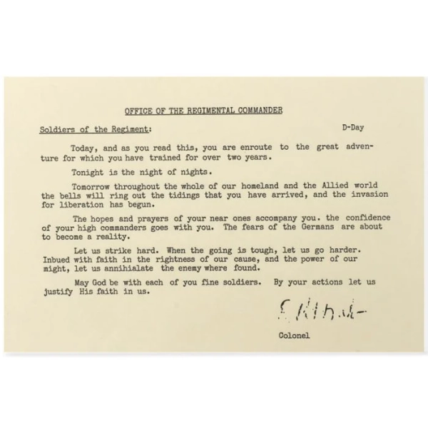 Colonel Sink 506th PIR D-Day letter