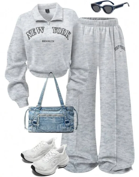 SHEIN Women's Graphic Print Stand Collar Zip-Up Hoodie & Sweatpants Set