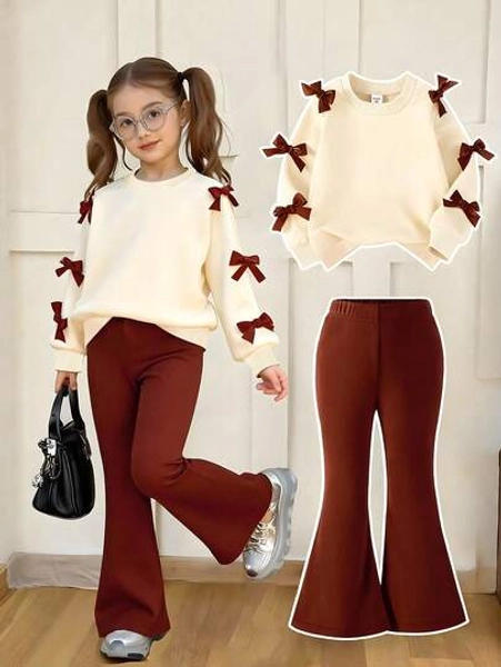 2pcs/Set Young Girl' Minimalist Fashion Pink Bow Black Top And Pink Pants Sweatsuit Set Fall Winter