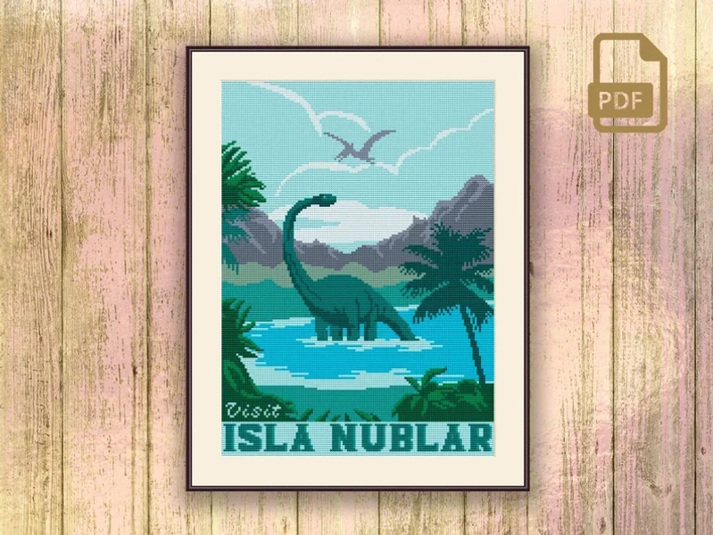 Visit Isla Nublar Cross Stitch Pattern, Dinosaur Cross Stitch Pattern, Jurassic Park Cross Stitch Pattern, Retro Travel Cross Stitch #tv_010