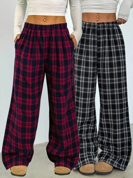 2pcs/Set Teen Girl Casual All-Match Versatile Plaid Loose Fit Pants, Suitable For School, Daily And Street Wear