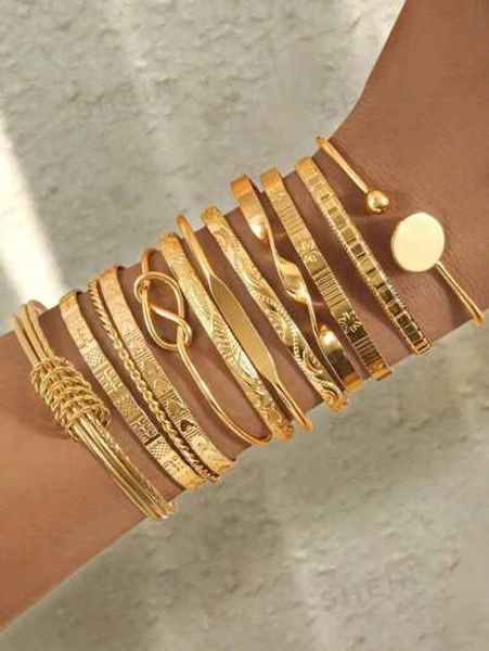 12/7/5pcs Set Textured Chunky Star Floral Pattern Twisted Geometric Round Disc & Bead Multi-Layer Wavy Metal Chunky Bangle Bracelet Set, Fashion Elegant Vintage Design, Suitable For Holiday, Party, Date, Gift, Daily Wear