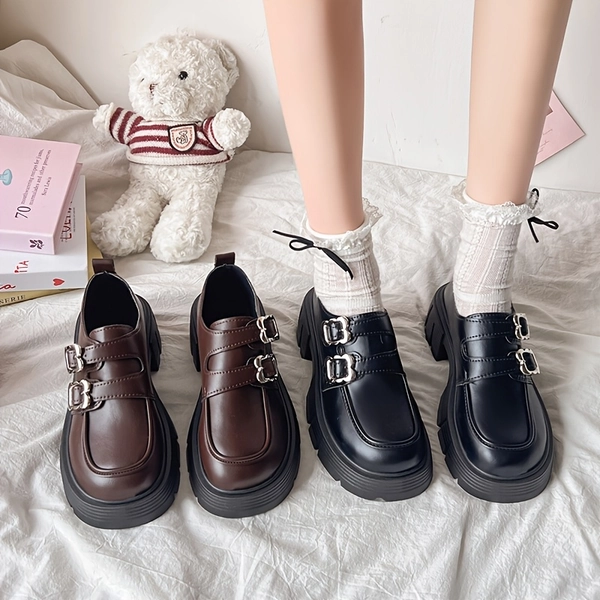 [Chic Women's Loafers] Chic Women's Slip-On Loafers - Solid Color, Round Toe with Thick Sole & Buckle Detail, Faux Cover