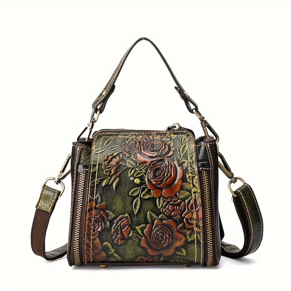 Vintage Floral Embossed Genuine Leather Women’s Crossbody Bag - Adjustable Strap, Lightweight, Zip Closure, Lined, Brown/Green, Intricate Red Rose & Green Leaf Design, Multiple Compartments, Urban Style Accessory | Embossed Leather Bag | Genuine