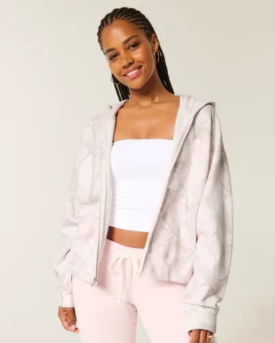 Oversized Pink Camo Zip-Up Hoodie - Size XS