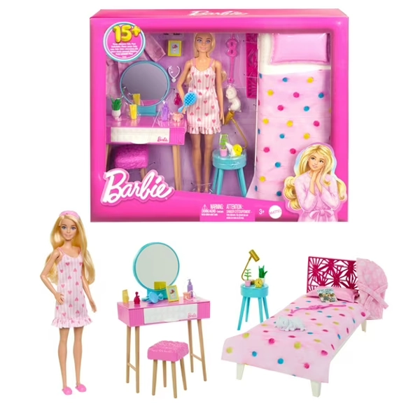 Barbie Doll and Bedroom Playset, Barbie Furniture with 20+ Storytelling Pieces [Walmart Exclusive]