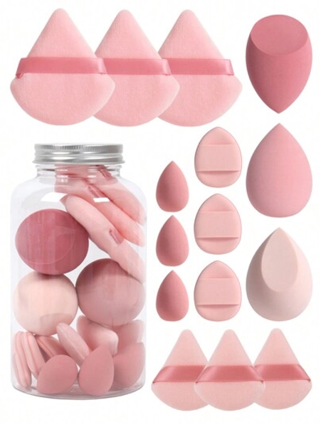15pcs Makeup Sponge Set With Storage Jar, Including 3pcs Makeup Sponge & 3pcs Mini Makeup Sponge & 3pcs Powder Puff & 3pcs Mini Powder Puff & 3pcs Mini Finger Air Cushion Puff. Made Of Super Soft Velvet To Create Flawless, Cake-Free Looks With Liquids, Creams, And Powders. Multi-Color Sponge Set Is Latex-Free For All Skin Types. Comes With Air Cushion Puff