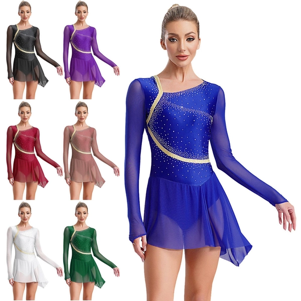 MSemis Feminino Dança Lírica Patinação Artística Traje Pura Malha Mangas Compridas Sem Costas Strass Brilhantes Vestido  | Shopee Brasil