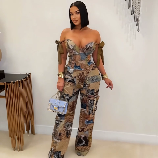2 Piece Sets Women Print Top Straight Pants Suit Multiple Pockets Strapless Floor Length Trousers Ensemble 2025 Sexy Outfits - AliExpress 200000345