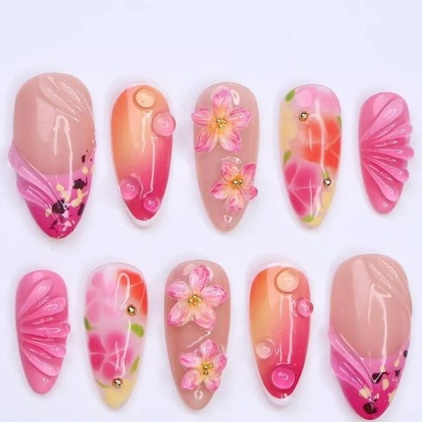 Summer Ombre Nails with 3D Pink Flowers