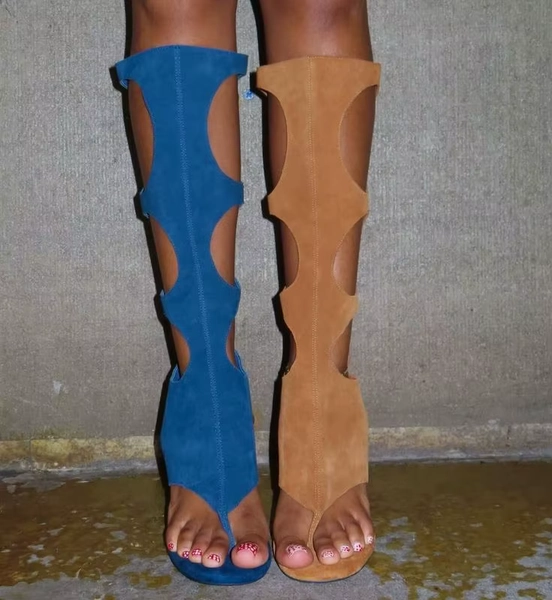 Summer New Arrival Women's Suede Cutout Knee High Boots Open Toe Stiletto Cover Heel Unique Design Multicolor Gladiator Sandals - AliExpress 322
