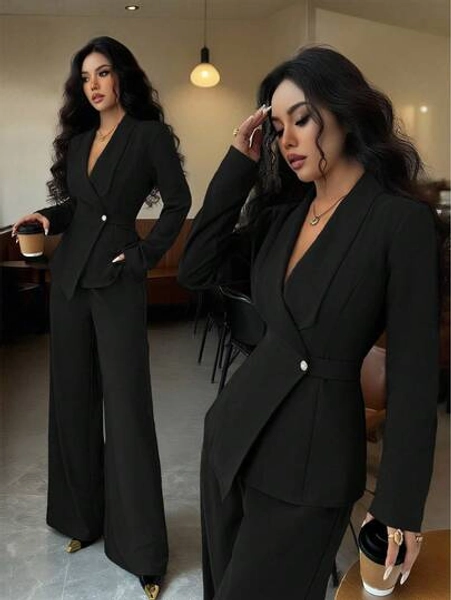SHEIN PETITE Women's Olive Green Thick Fabric V-Neck Lapel Waist Buckle Design Blazer Jacket And Wide Leg Pants Set, Teacher/Professional Outfit, Elegant & Sophisticated For Thanksgiving, Halloween, Autumn, Fashion Versatile 2-Piece Suit