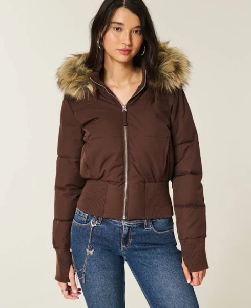 Hollister Women's Faux Fur Trim Puffer Bomber Jacket