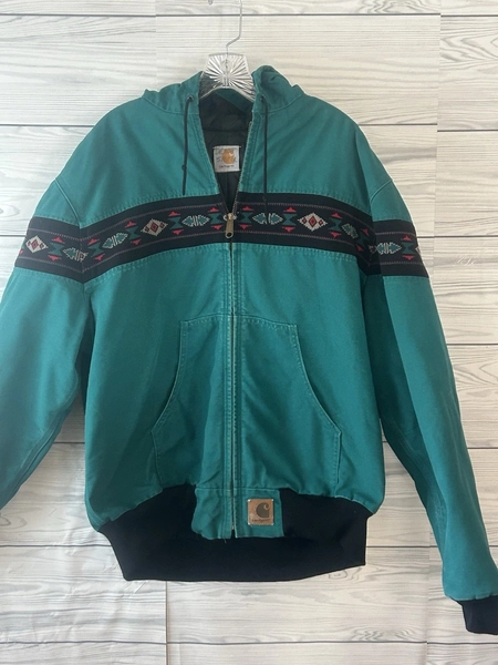 VTG Carhartt Mens Large L Aztec Santa Fe Hooded Jacket Teal Green 90s Coat b389