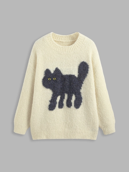 Wool-blend Round Neckline Cat Knitted Long Sleeve Sweater