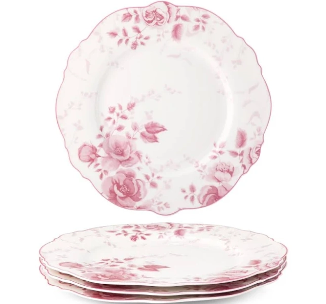 fanquare 26.7cm Large Round Porcelain Pink Floral Dinner Plate Sets of 4 | British Pasta Appetizer Steak Serving Dishes for Microwave & Dishwasher