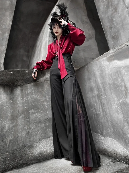 Ouji Fashion Black High Waist Wide-leg Pants with Side Pleated Chiffon Panel