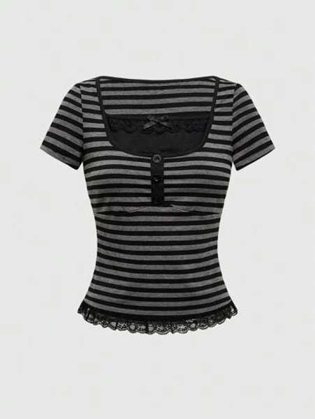 ROMWE Fairycore Spring/Summer Valentine's Day Women's Y2K Vintage 2 In 1 Striped Contrast Lace Trim T-Shirt - Size M