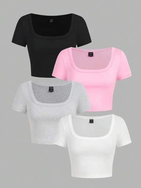 SHEIN Girlism 4pcs Tween Girls Slim Fit Casual Minimal Square Neck T-Shirt, 4 Colors