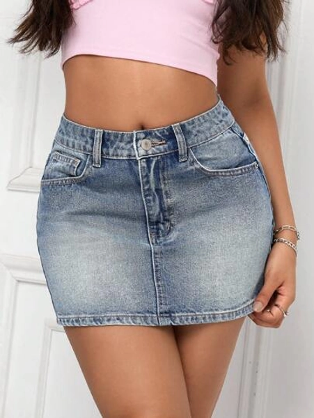 SHEIN PETITE Casual Washed Denim Mini Skirt, Slim Fit