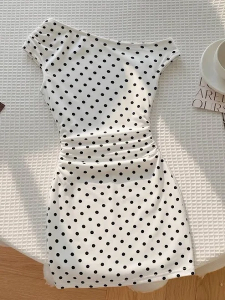 SHEIN Asymmetrical Shoulder Polka Dot Pencil Dress