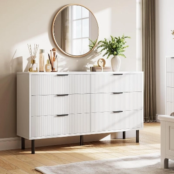 6 Drawer Dresser for Bedroom, Modern Wide Dresser Organizer with Storage Drawers, Wooden Chests of Drawers for Bedroom, Entryway, Hallway, White
