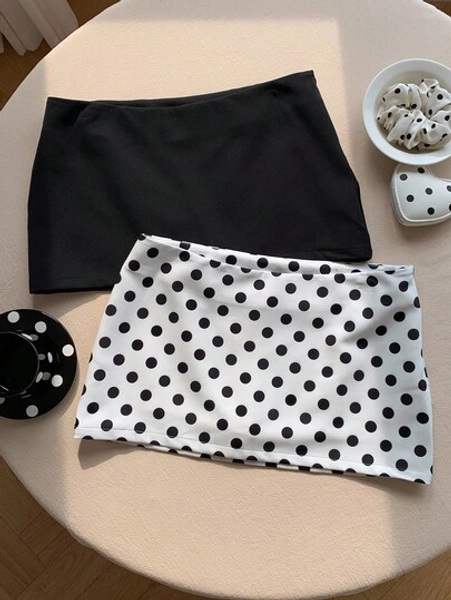 Comfortcana Stylish Women's Black And White Geometric Polka Dot Mini Skirt Bodycon Woven Fabric Casual Design With Zipper Skirts Mini Matching Set Skirt Black And White Skirt Women Skorts