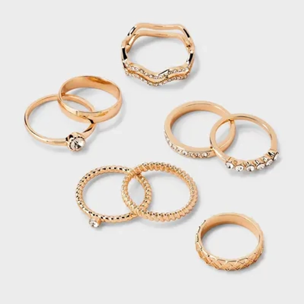 Rhinestone Band Ring Set 8pc - Wild Fable™ Gold: Stacking, Statement Jewelry, Medium/Large, Zinc Material