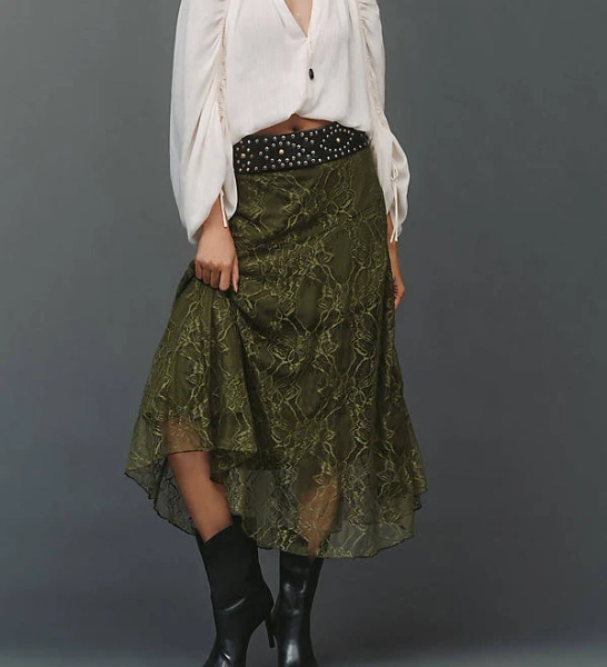 Anthropologie Asymmetric Drop-Waist Lace Midi Skirt