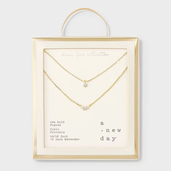 14k Gold Plated Triple Cubic Zirconia Layered Necklace - A New Day™ Gold: Lobster Claw Clasp, 16" Length