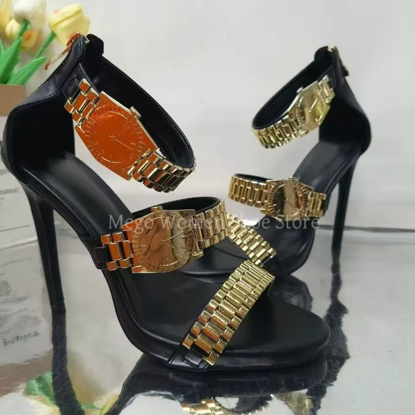 2025 New Metal Watch Strap Decorative Sandals Golden Open Toed Stiletto High Heels Women's Shoes Fashion Sandals Large Size 43 - AliExpress 322