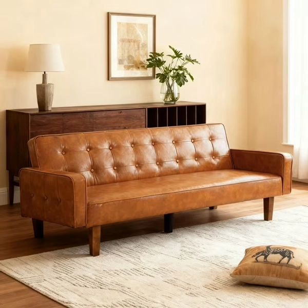 74" Faux Leather Futon Sofa Bed With Adjustable Backrests, Mid-Century Modern Loveseat, Small Space Sleeper Sofa for Living Room, Apartment(Brown)