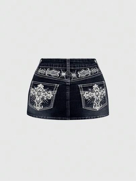 ROMWE Grunge Punk Y2K Vintage Crop Top Stretch Denim Mini Skirt With Cross & Wings Embroidery, Plus Size