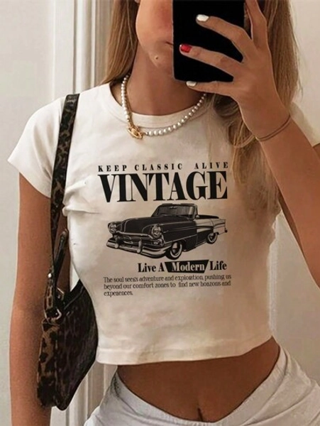 CovetEZ Casual Minimalist Car Print White Round Neck Short Sleeve Tight Cropped Women T-Shirt, Containing Cotton, Suitable For Summer Back To School