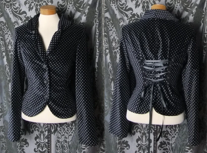 Trad Goth Black Polka Dot Velvet CRUEL LOVE Fitted Corset Tie Jacket 10 12 Vintage Retro 90's
