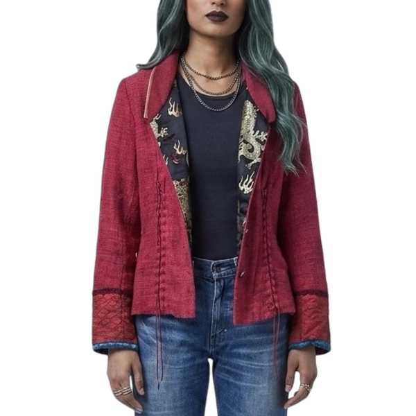 Vintage Red Boho Patchwork Jacket, Lace up Recycled Unique Cardigan, Red Cotton Blazer, L - Etsy Australia