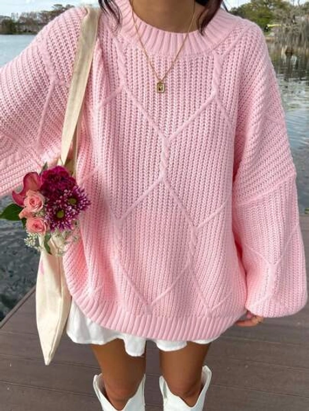 Women's Oversized Cable Knit Solid Color Long Sleeve Sweater, Crew Neck Chunky Warm Thick Autumn Winter Cute Pullover Sweater For Casual Daily Wear, Fall, Winter