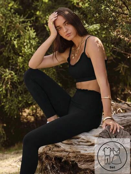 Aralina Leisurwear Ruffle Trim Sleeveless High Waisted Workout Crop And Legging Two Pieces Set - Size M