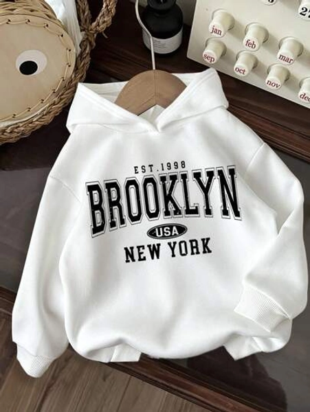 SHEIN ModeFlare Wear New York Brooklyn Printed Hoodie For Teen Girls, Casual Loose Fit Thick Sweatshirt, Suitable For Autumn/Winter