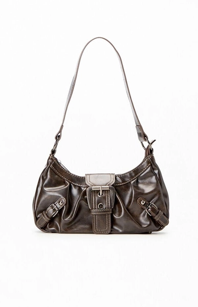 Brown Faux Leather Front Buckle Shoulder Bag