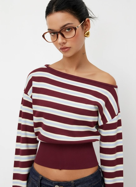 Knit Fabric Knit Asymmetrical Neck Striped Sweater For School Work