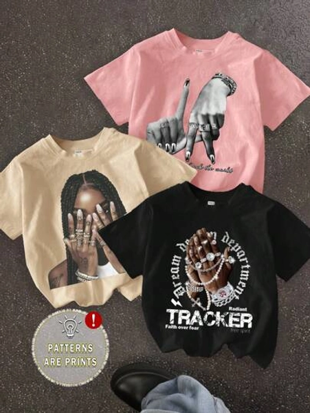 SHEIN 3pcs/Pack Hip-Hop Streetwear Graphic Tees, Vintage Style Casual Cartoon Pattern Short Sleeve T-Shirt For Tween Girls, Summer, School, Campus, College