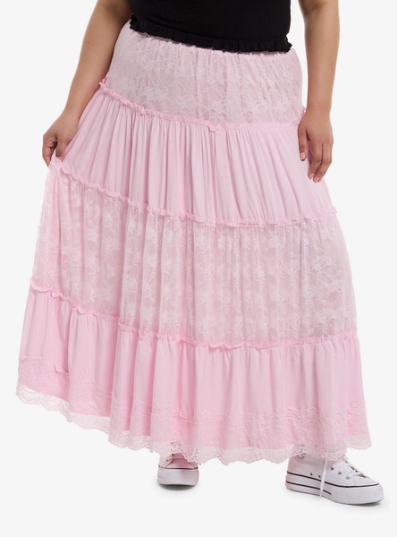 Sweet Society Pastel Pink Lace Tiered Midi Skirt Plus Size