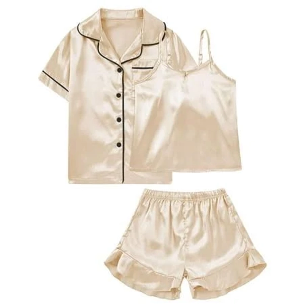 Aideaone Girls Silk Pajama Sets 3pcs Button Down Kids Satin Pjs set Short Sleeve Sleepwear 6-13 Years, Girl's, Size: 6-7Years, Beige